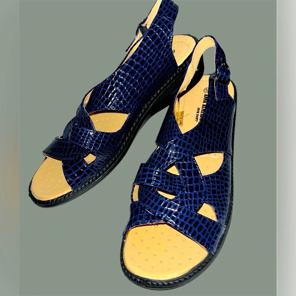 Blue Croc-Embossed Sandals - Picture 1 of 8